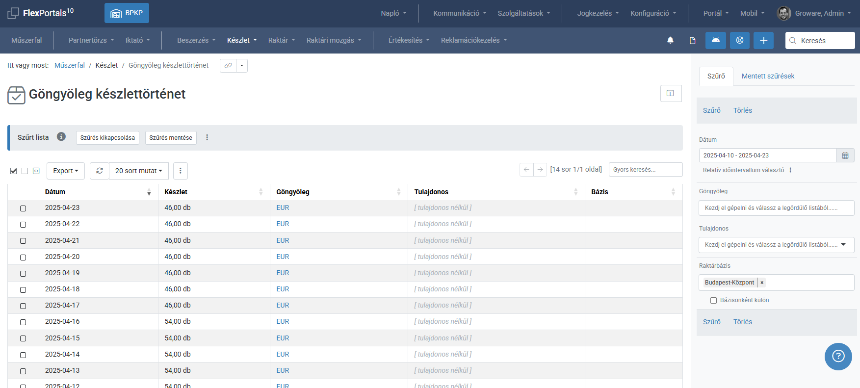 FlexWm empties - stock history screenshot